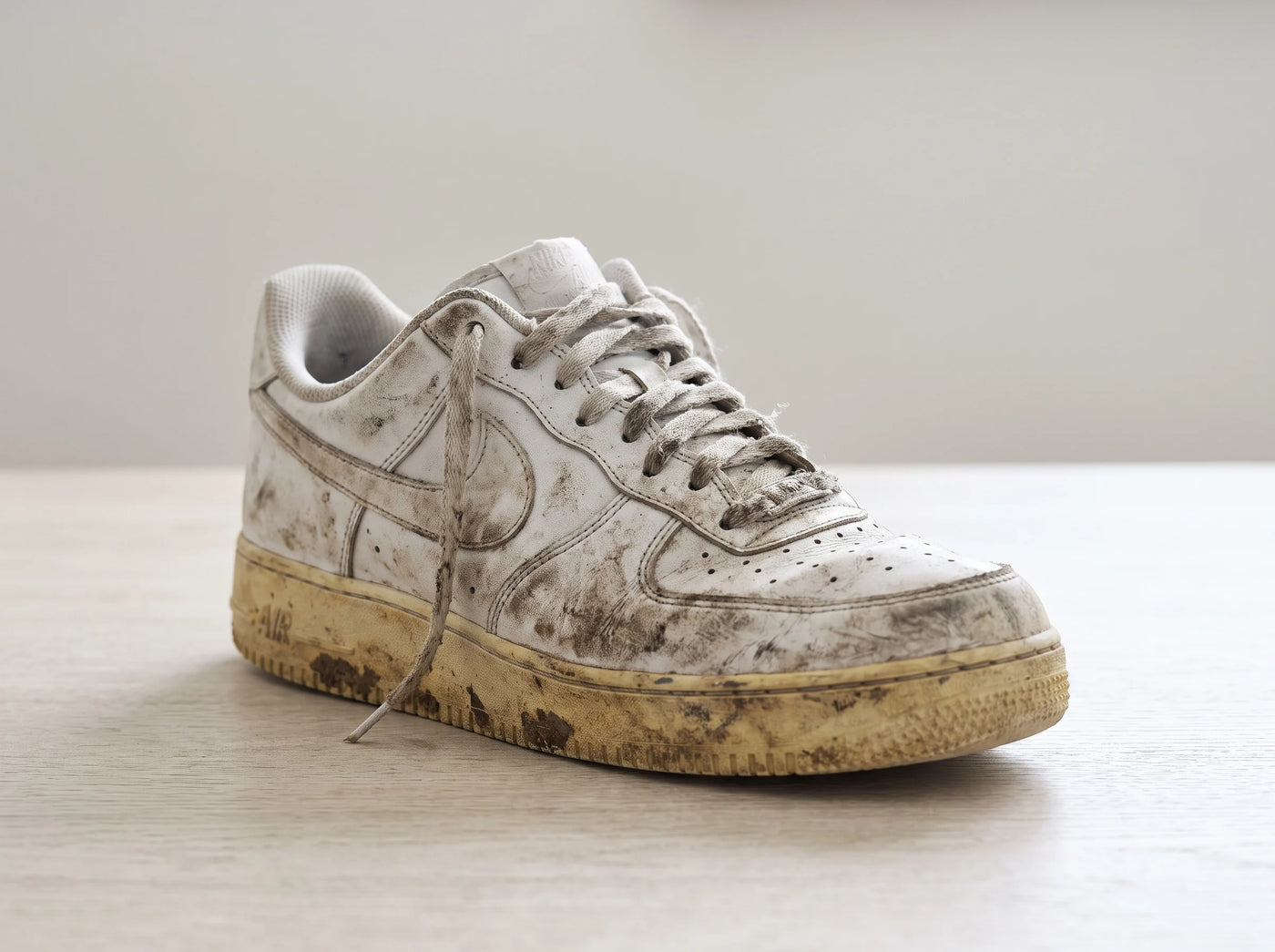 Before — a dirty, scuffed white sneaker in need of cleaning
